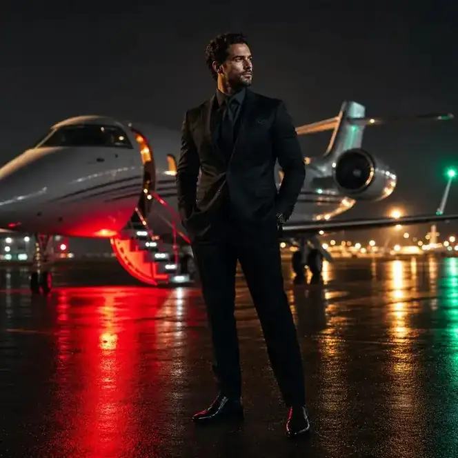 Successful entrepreneur in a business suit standing on a night tarmac in front of a private jet
